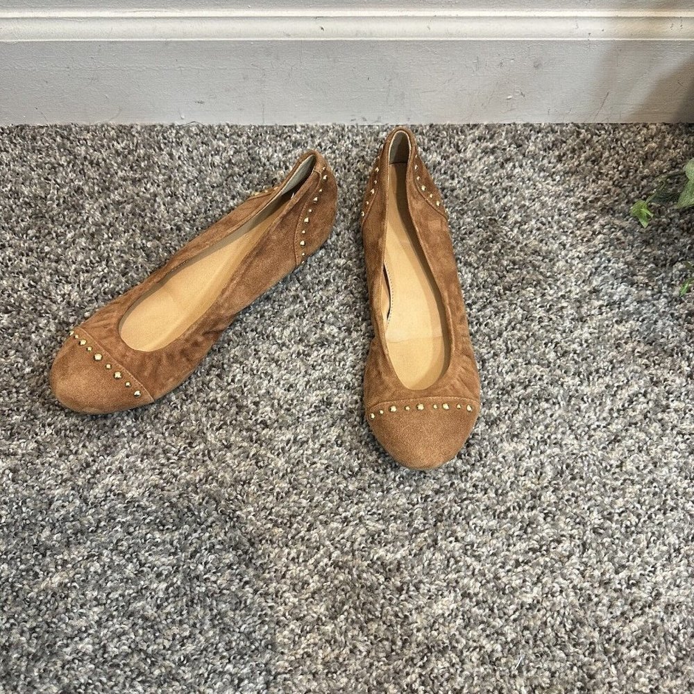 J. Crew Cece suede leather studded ballet flats round toe camel brown Size 8